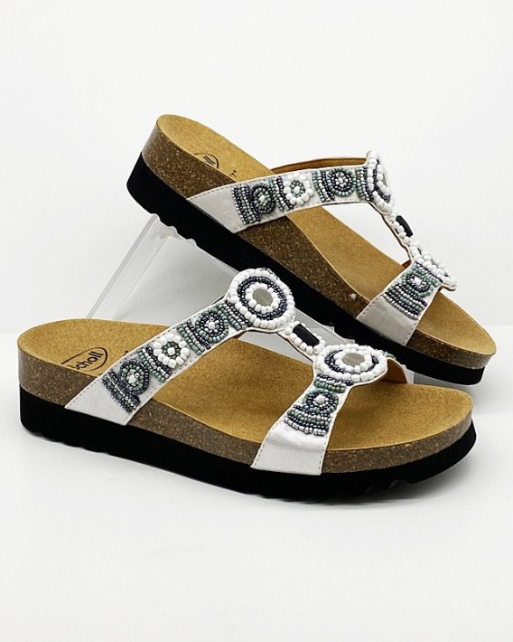 Scholl New Bogota Wedge Sandalo Con Perle - Tomaia In Cotone, Plantare In Sughero, Tacco 40mm - Argento/Bronzo